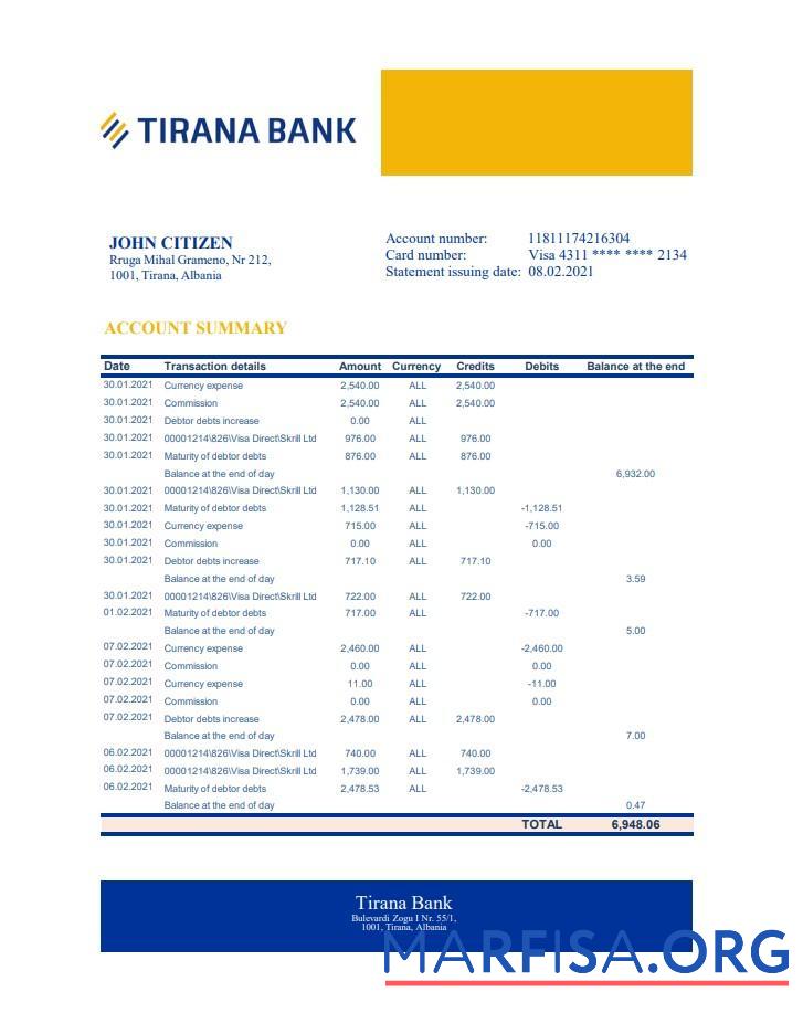 Realistic Albania Tirana bank statement excel sample